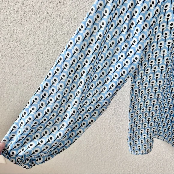 Ann Mashburn Silk Blue Floral Print Blouse Top Size Small Long Sleeve High Neck - Picture 3 of 6